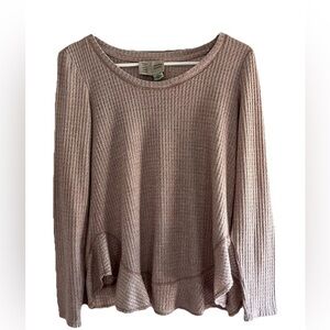 Anthropologie Saturday Sunday Wendy Waffle Knit Tunic Top Women XS Tan Ruffle